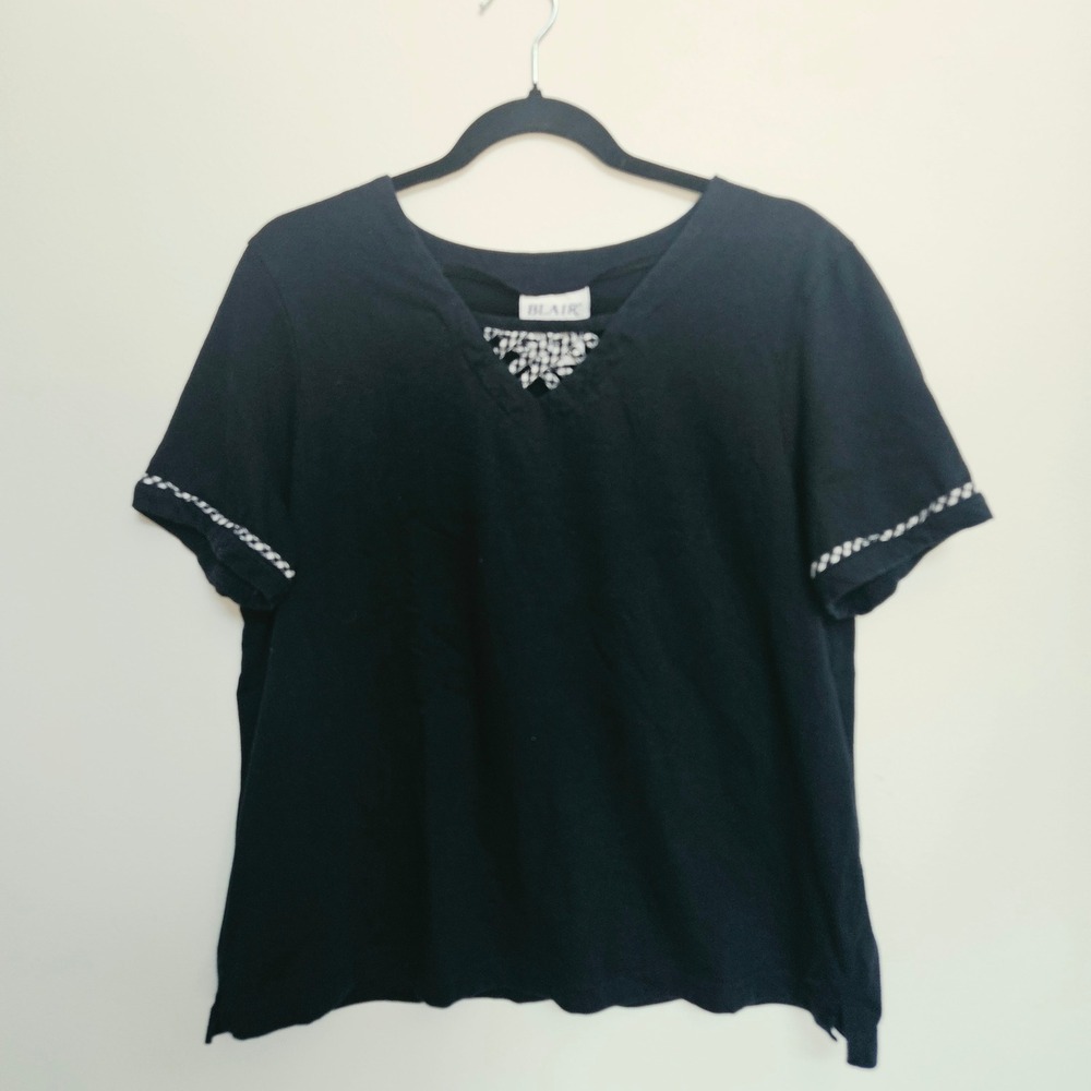 Blair Womens Black Gingham Trim V-Neck Short Sleeve Knit Top PL